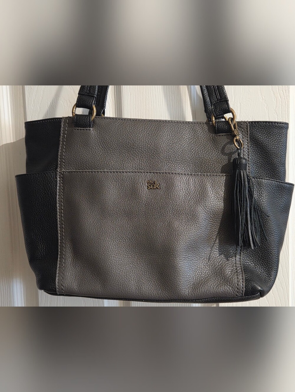 The Sak- Ashby Pebbled Black & Gray Colorblock Leather Satchel with Tassel - Picture 2 of 7